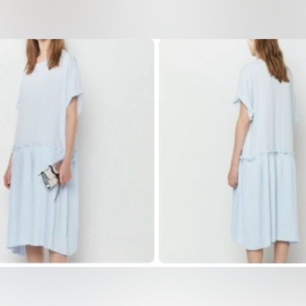 NEW CAARA Lagenlook Oversized Short Sleeve Pleated Light Blue Babydoll dress XS